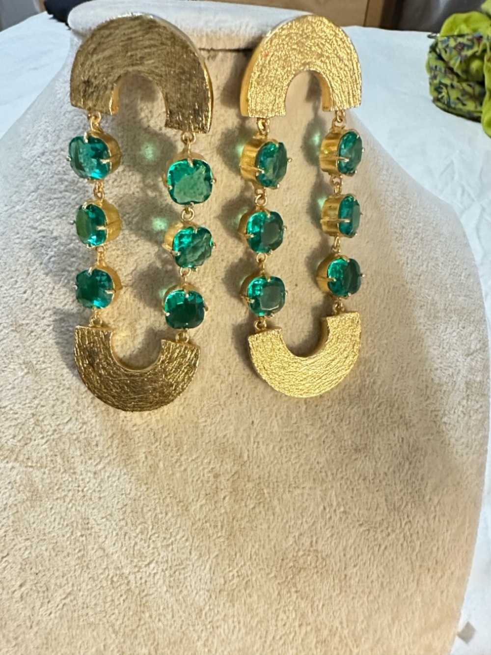 Gold-tone Earrings with Emerald Green Gemstones 2”